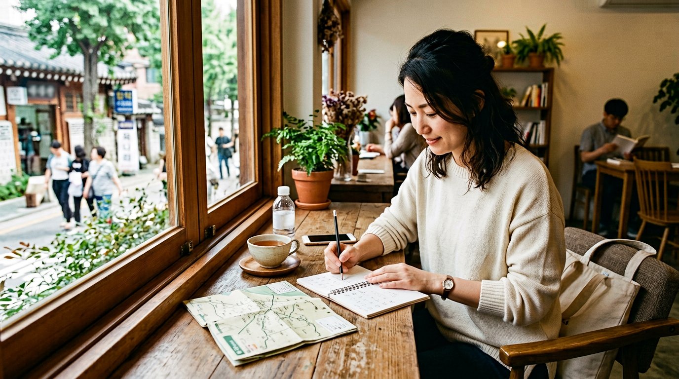 AI生成イラスト：カフェでハングルを練習する日本人旅行者。ノートは教材ではありません。