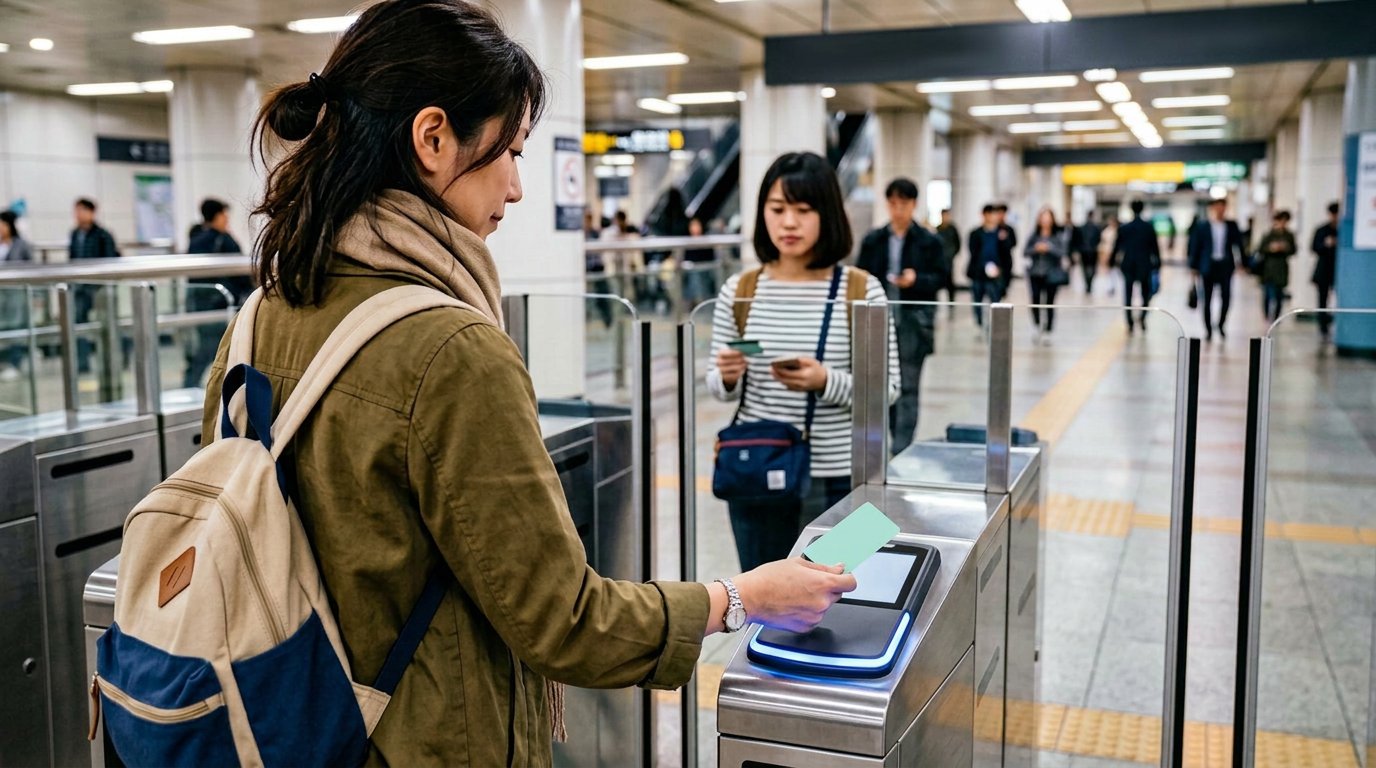 AI生成イラスト：地下鉄改札で交通カードを使う日本人旅行者。実在のカードや駅ではありません。