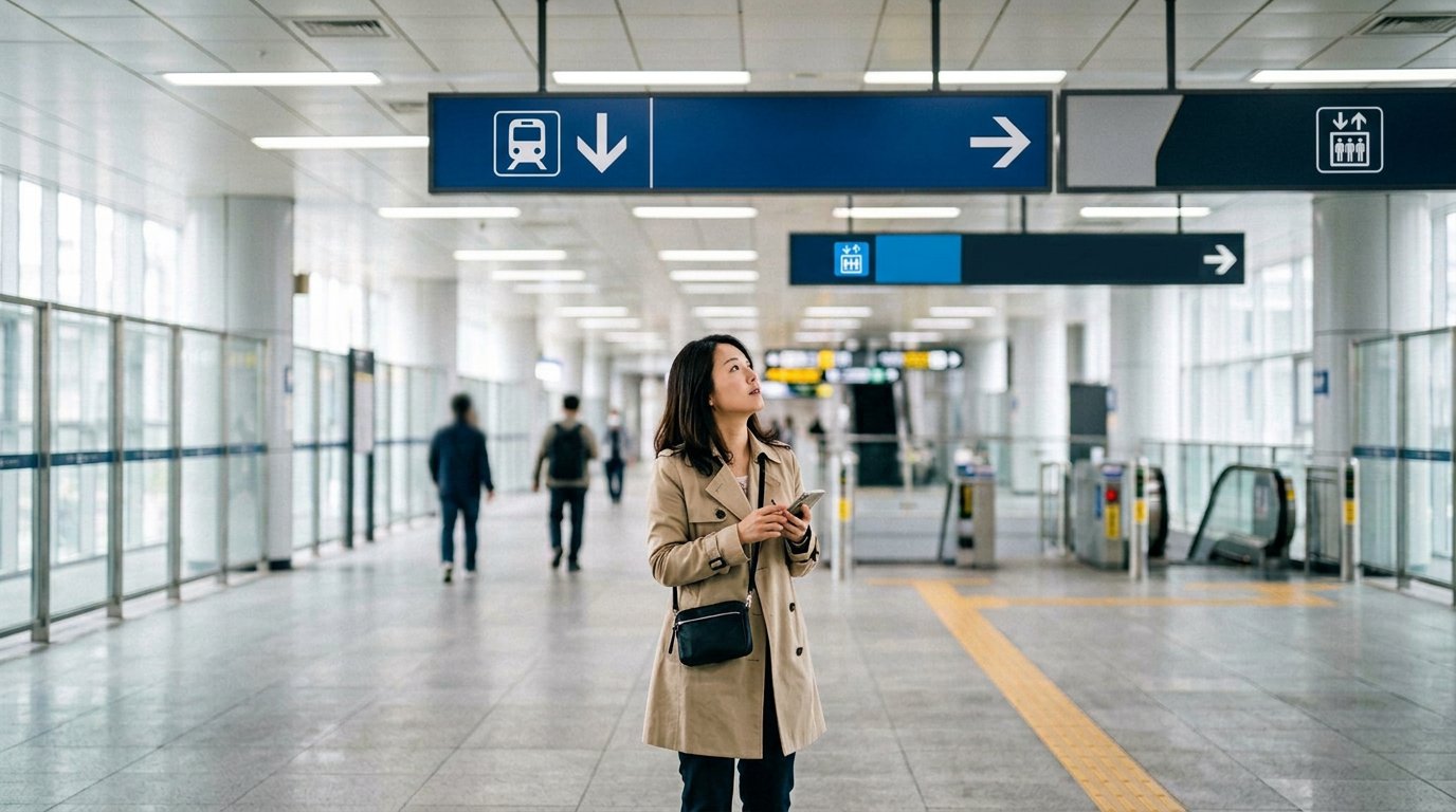 AI生成イラスト：地下鉄の案内表示を見上げる日本人旅行者。特定の実在駅ではありません。