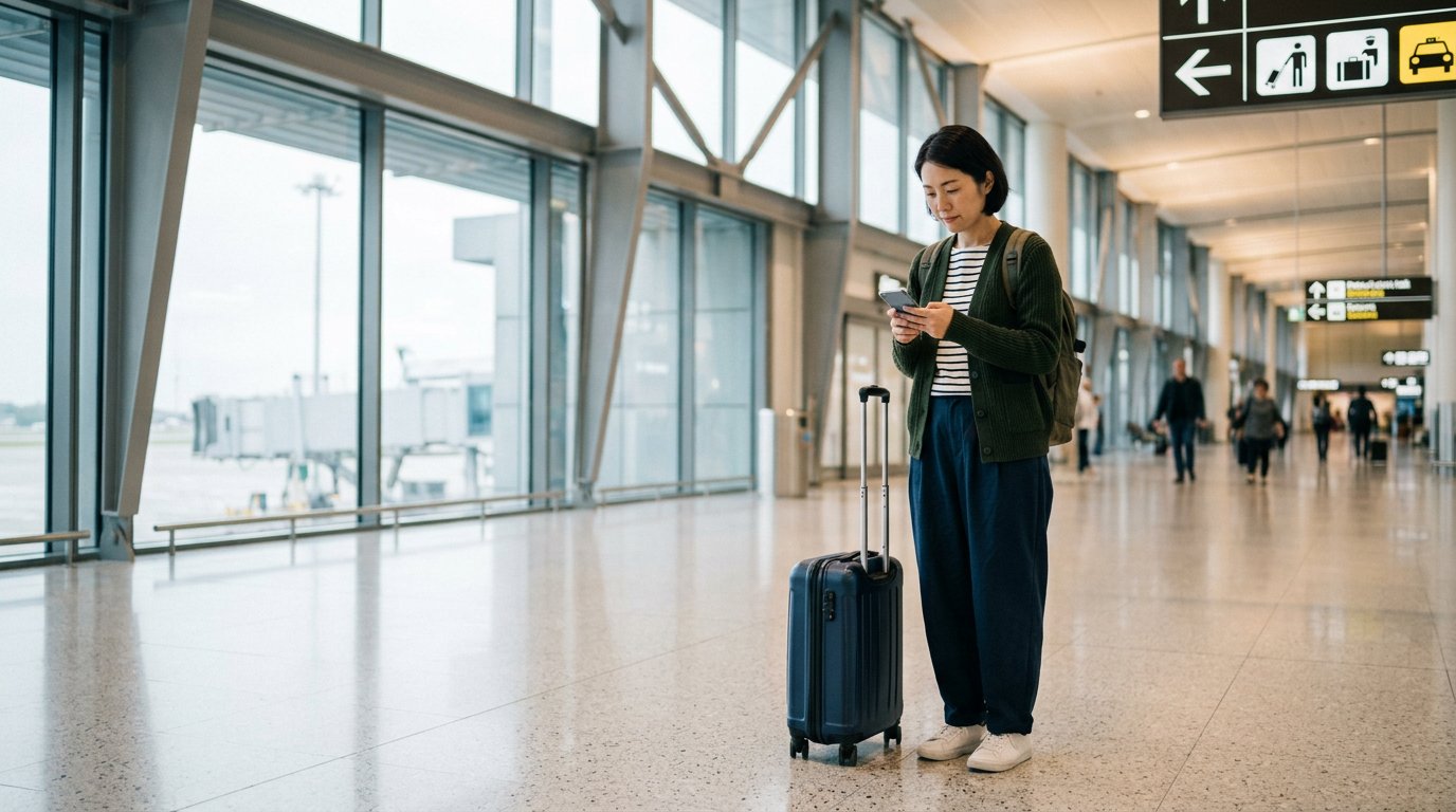 AI生成イラスト：空港到着後にスマートフォンを確認する日本人旅行者。実在の空港や入国手続きを記録していません。