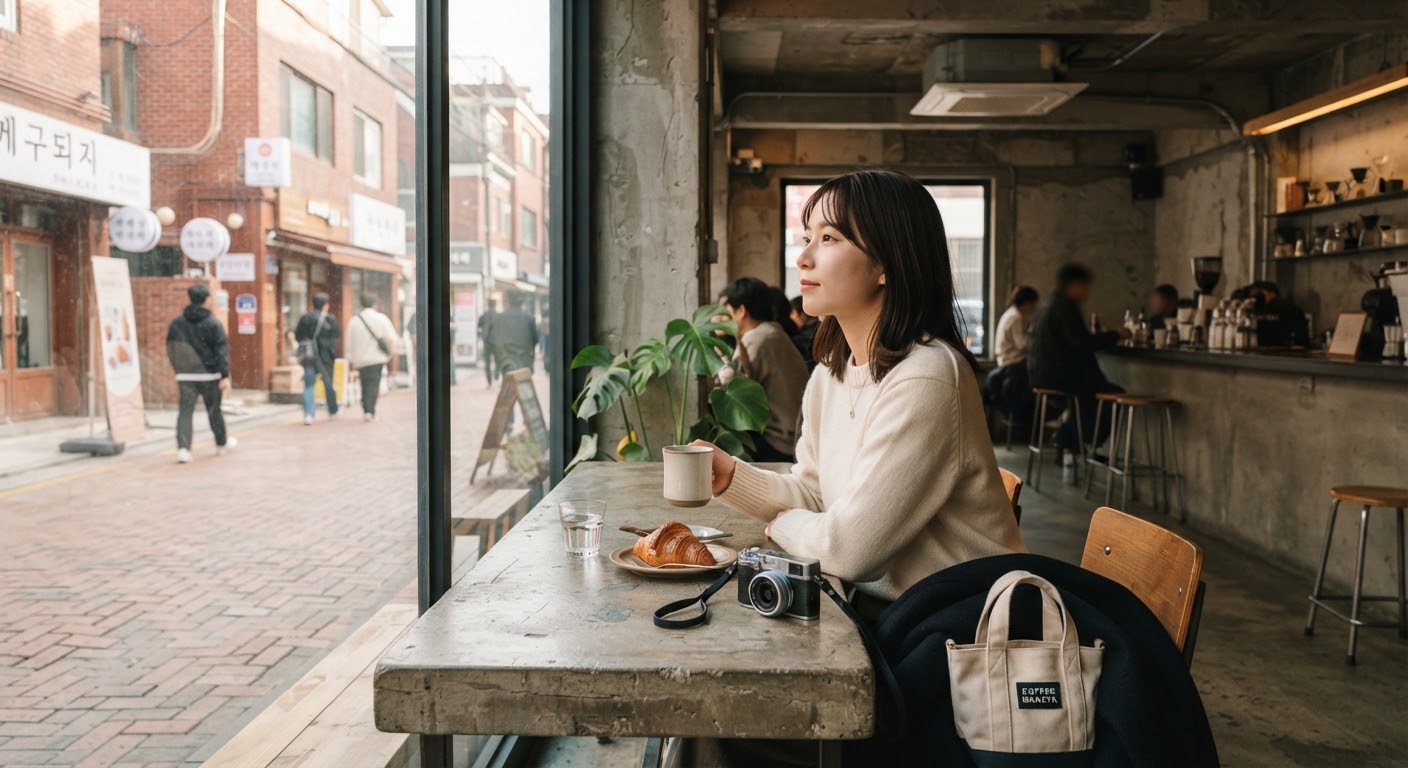 編集用イメージ：ソウル風のカフェで過ごす旅行者。実在店舗の記録ではありません。