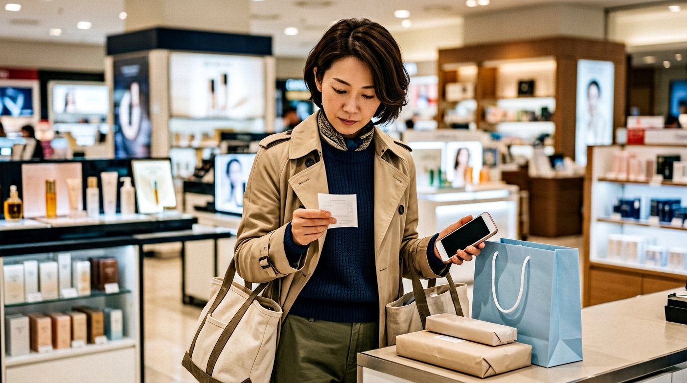 AI生成イラスト：韓国で買い物のレシートを確認する日本人旅行者。実在の店舗・取引ではありません。