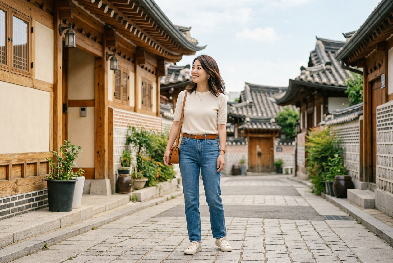 Editorial AI illustration: a traveler in an ivory knit top and jeans exploring a hanok-style street. Not a documentary photograph of a real person or location.