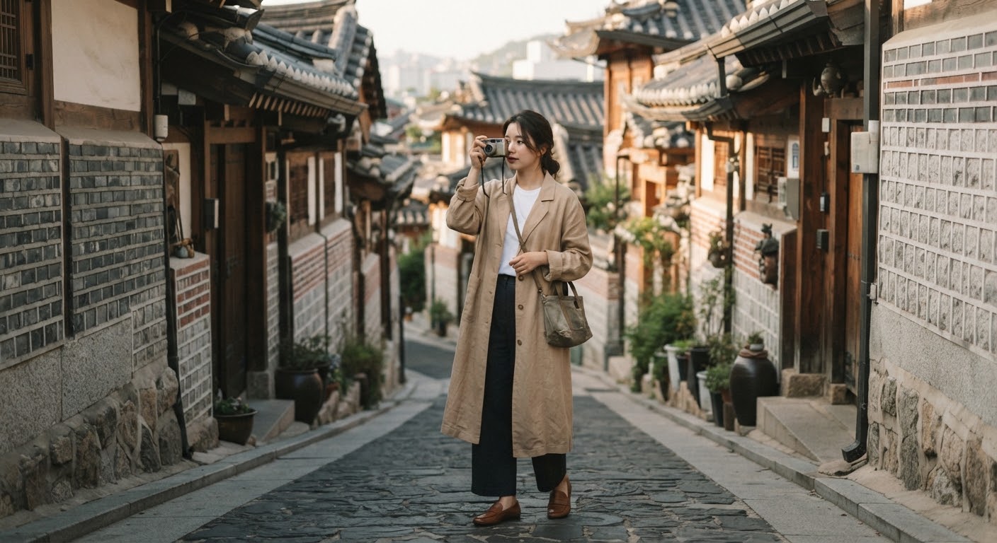 編集用イメージ：韓屋風の路地を歩く旅行者。実在の場所を記録した写真ではありません。