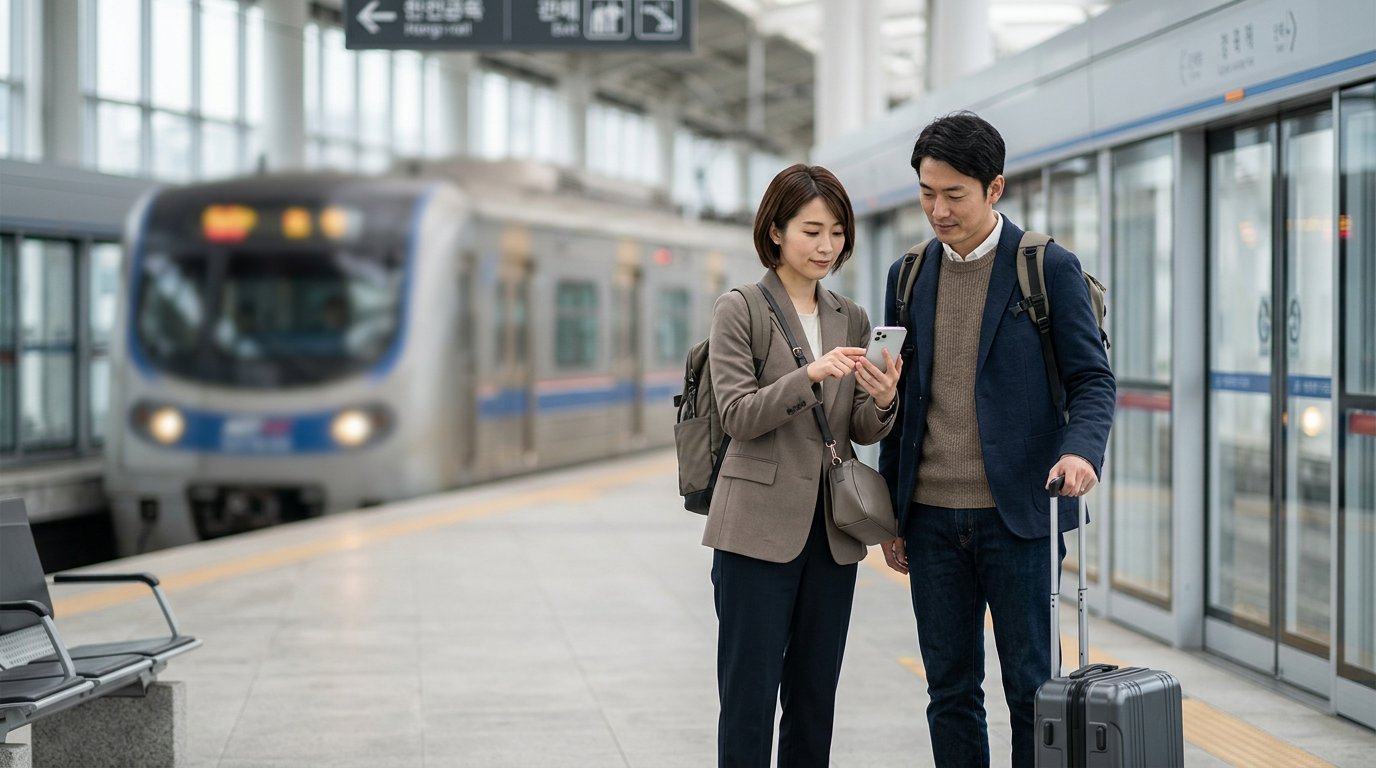 AI生成イラスト：空港鉄道のホームで旅程を確認する日本人旅行者。実在の列車・駅ではありません。